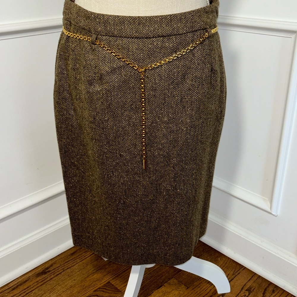 Kate Hill petite 8 wool blend herringbone brown skirt with gold belt